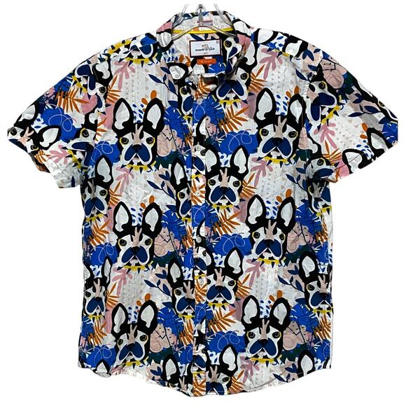 MTL NYC Boston Terrier Dog Face Button Shirt Slim Fit Mens M Hawaiian Tropical - Picture 1 of 7
